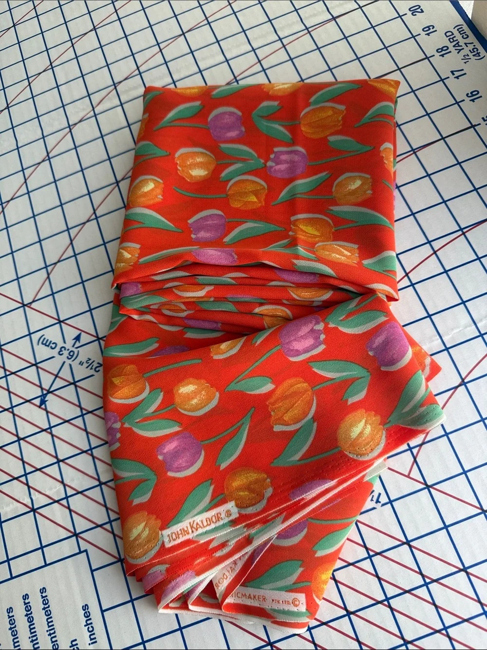 Vintage John Kaldor Fabric 3 Yds Tulip Floral Orange/Red Crepe Semi Sheer 44”